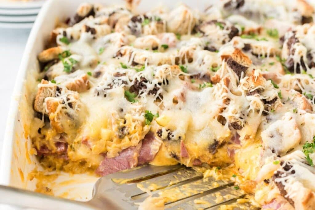Reuben Casserole in a baking dish.