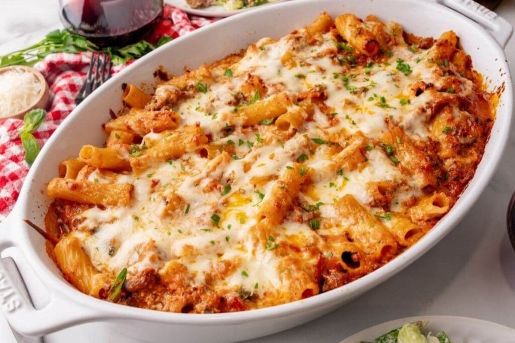 Rigatoni bolognese in a baking dish.
