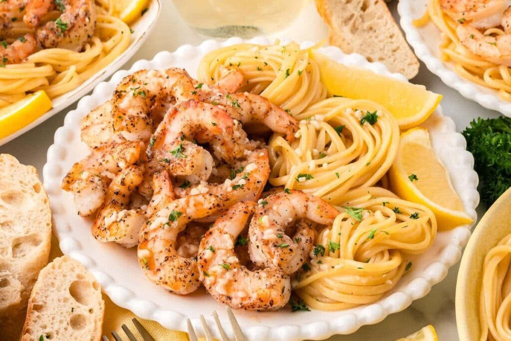 Shrimp scampi on a plate.