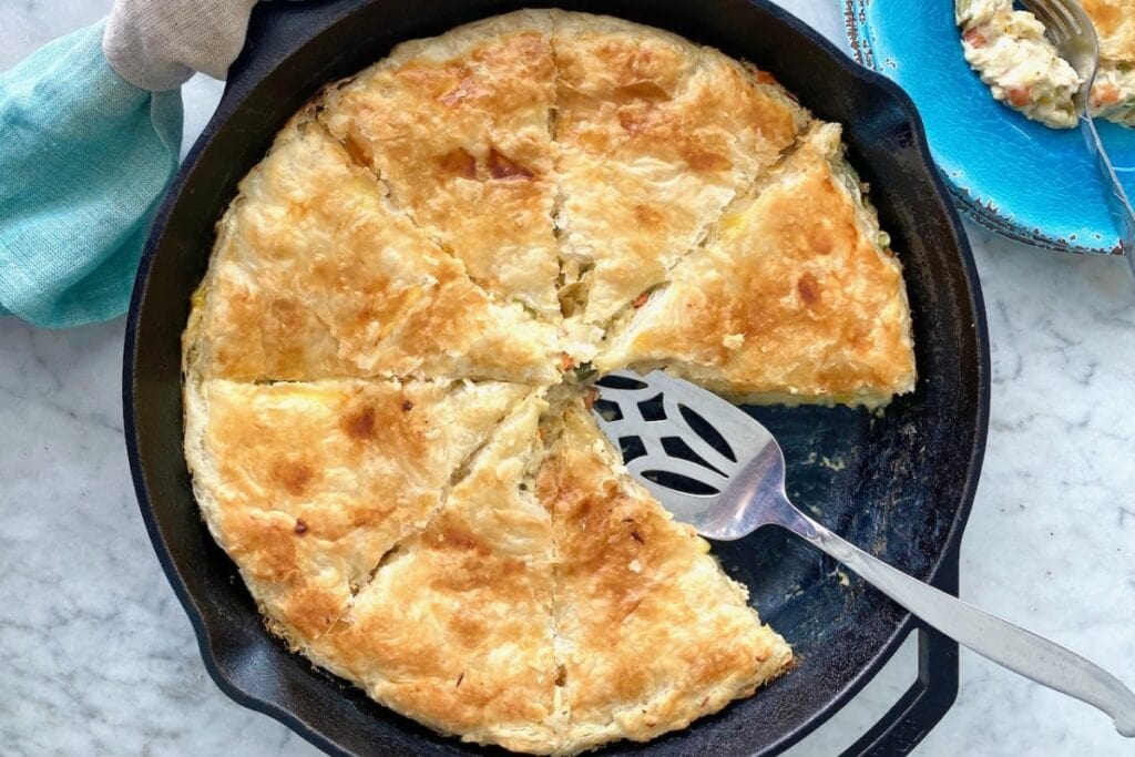 Chicken pot pie in a skillet.