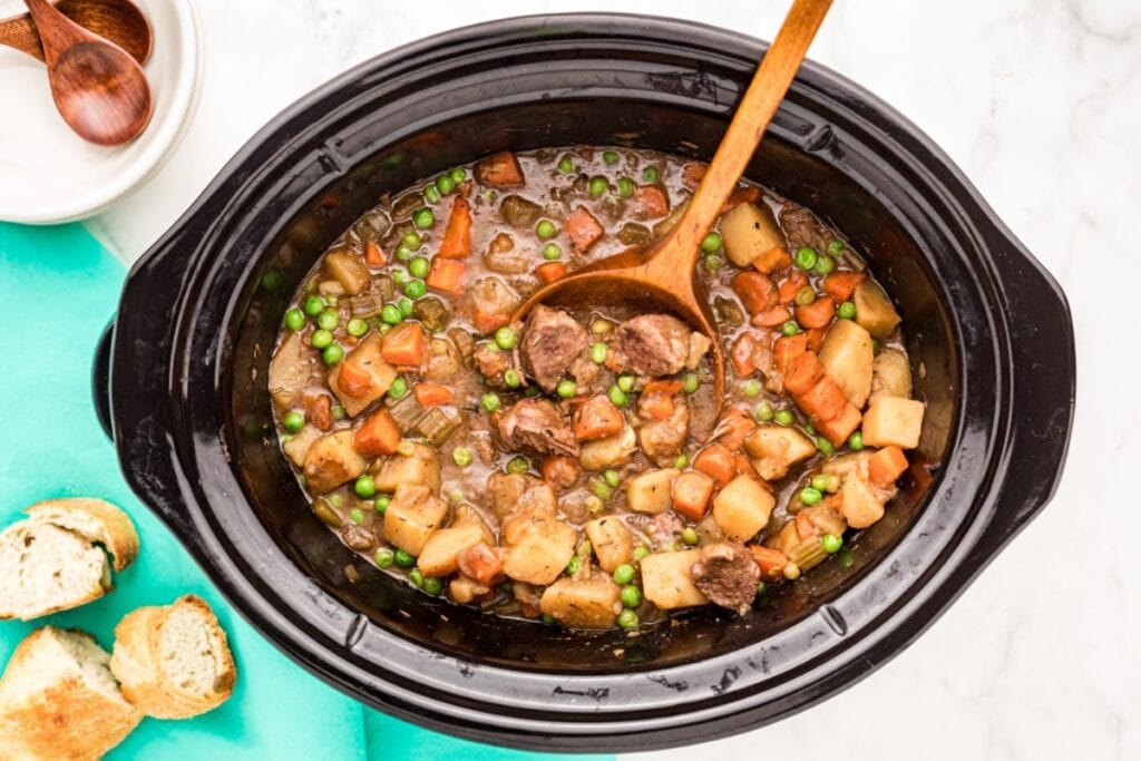 Slow cooker beef stew in a crockpot.