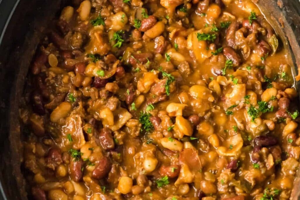 Slow cooker cowboy beans in a crockpot.