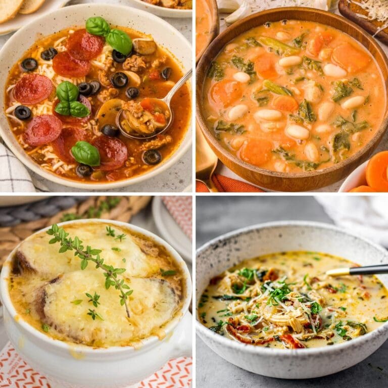 Collage of cozy soup recipes for dinner.