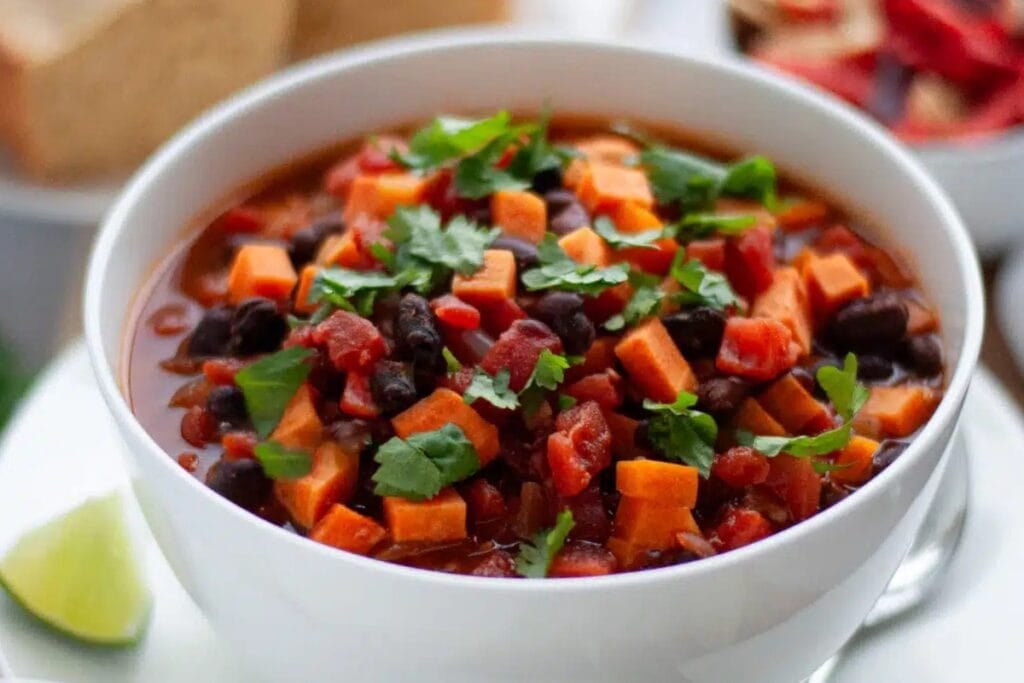 Sweet potato black bean chili in a bowl.