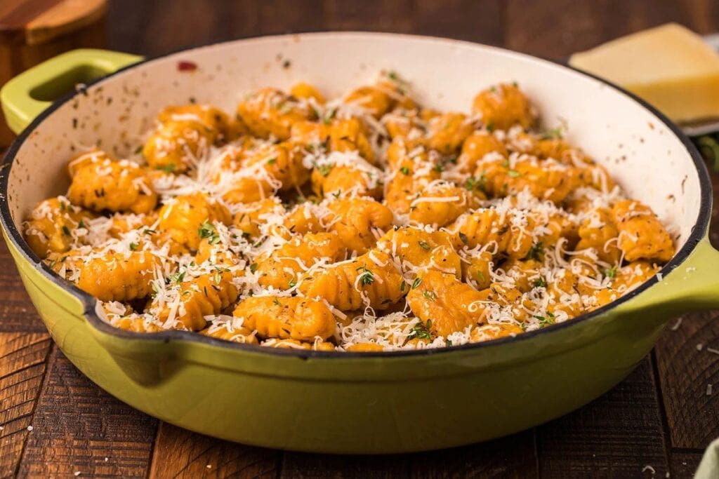 Sweet potato gnocchi in a skillet.