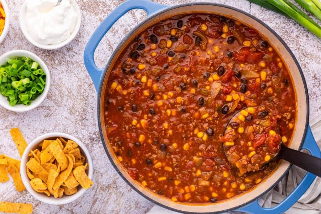 Taco chili in a pot.
