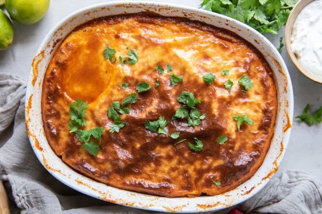 Tamale pie in a rectangular baking dish.