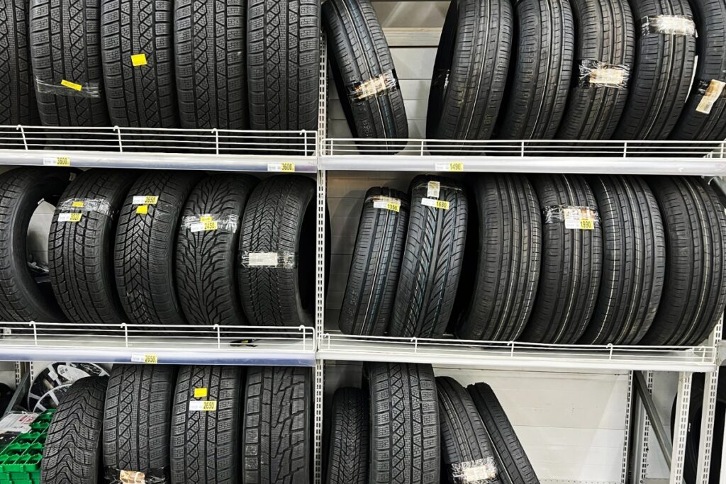 Tires on display in store.