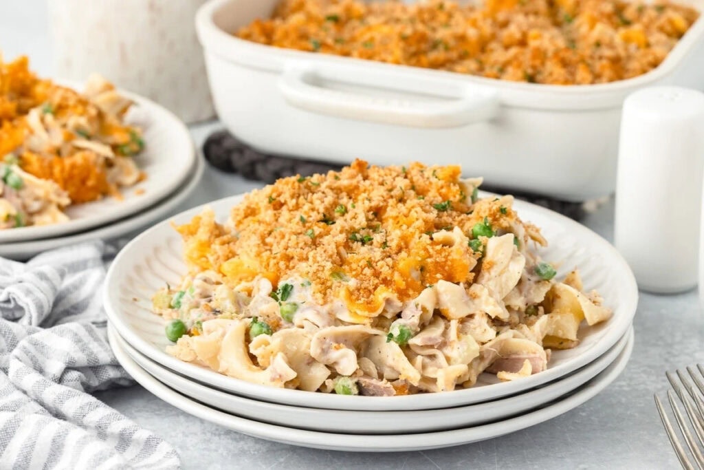 Tuna casserole on a white plate.