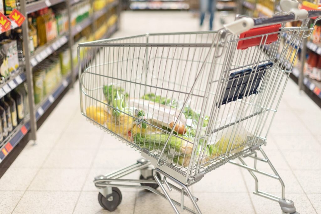 Shopping cart blocking aisle.