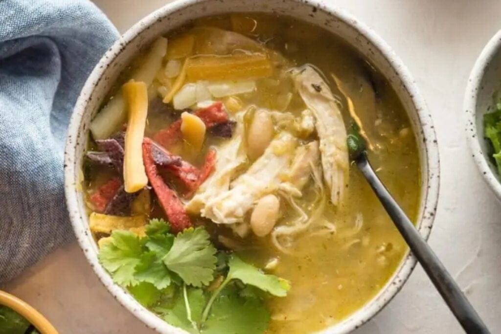 White bean chicken chili in a bowl.