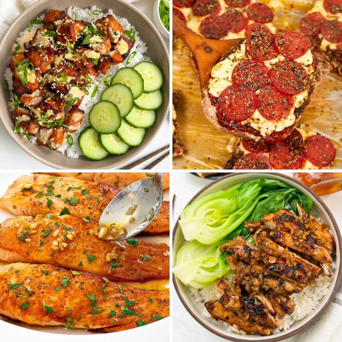 A collage of four different food dishes: a chicken bowl with cucumbers, pizza on a mushroom, salmon, and a chicken bowl with bok choy.