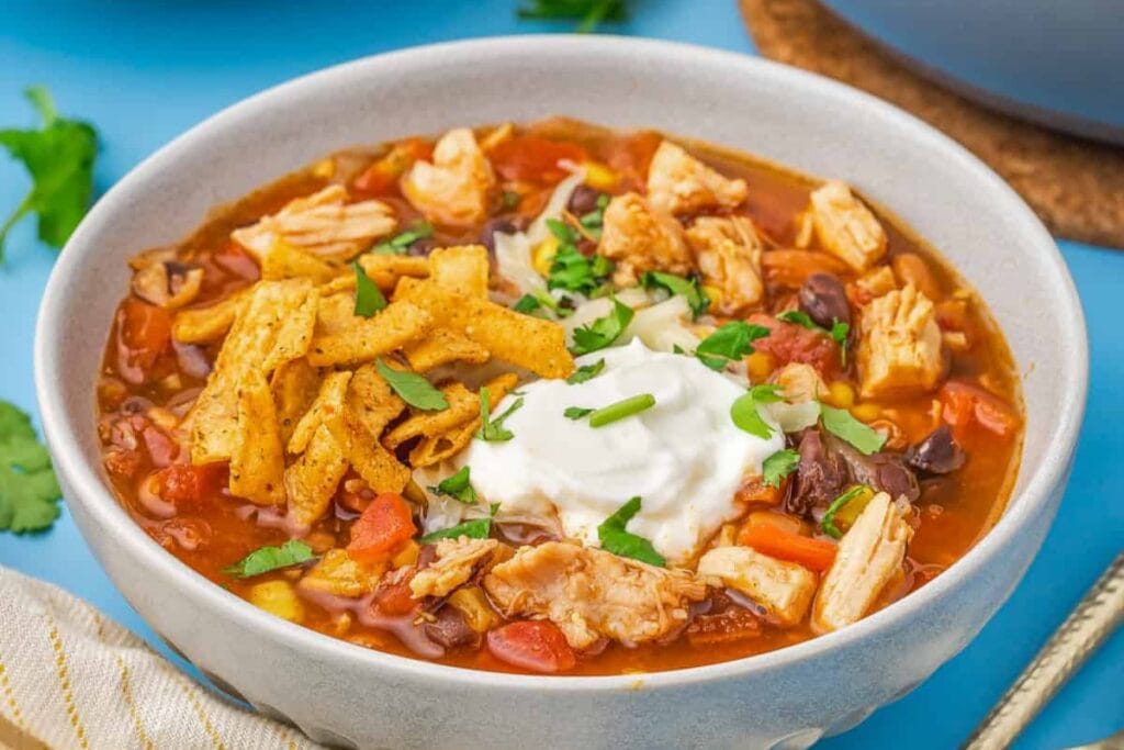 7 can taco soup in a bowl.