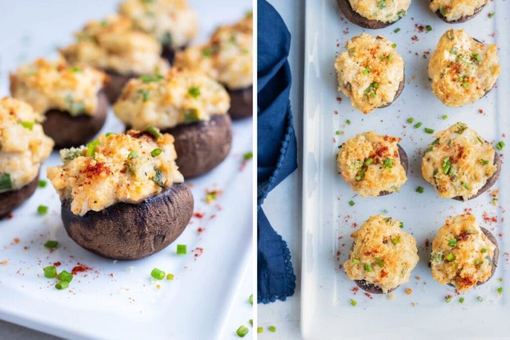 Two images of stuffed mushrooms with breadcrumbs and chives on a white plate.