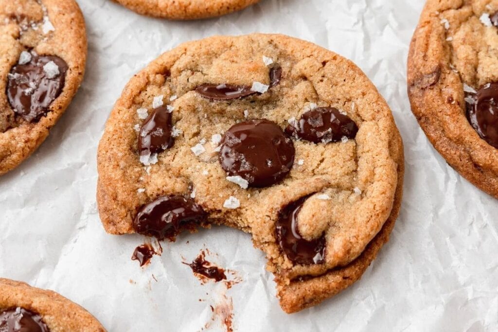 A close up shot of chocolate chip cookies,