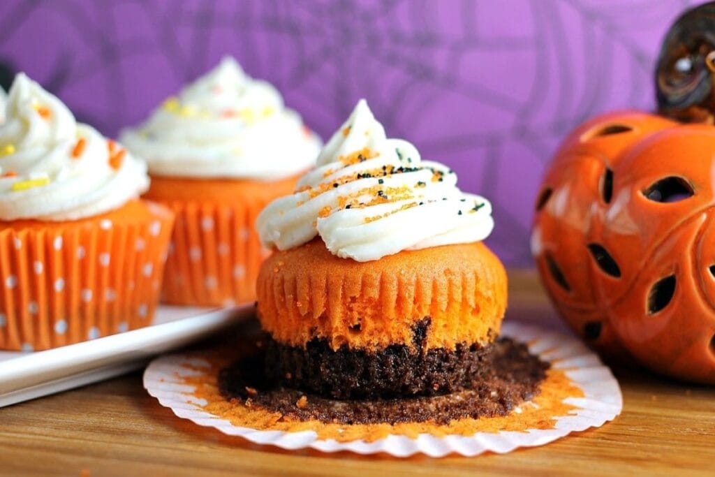 A close up shot of Halloween cupcakes.