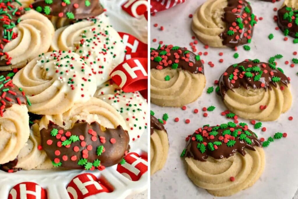 Split image: Butter cookies with chocolate and white icing and sprinkles on a decorative plate; butter cookies with chocolate and sprinkles on parchment paper.