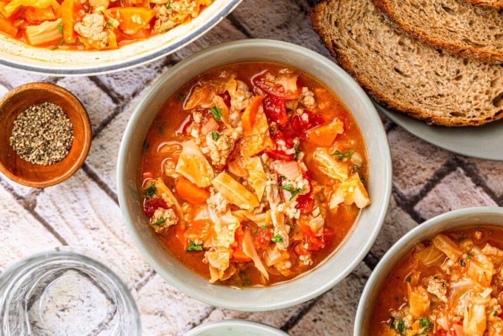 Bowls of cabbage roll soup with toasted bread and pepper.
