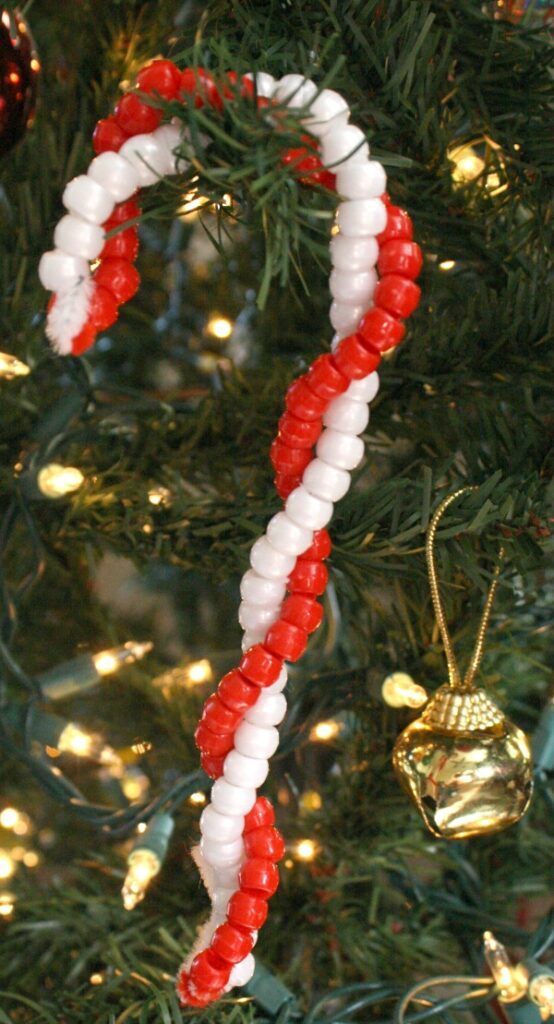 A close up shot of candy cane ornament.