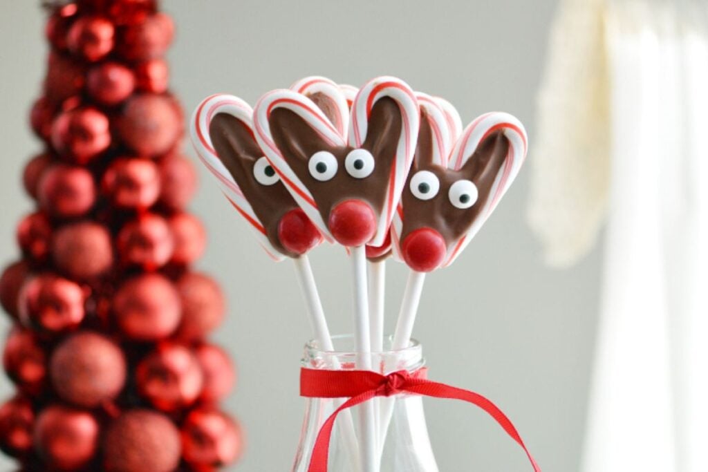 Candy cane reindeer pops close up shot.