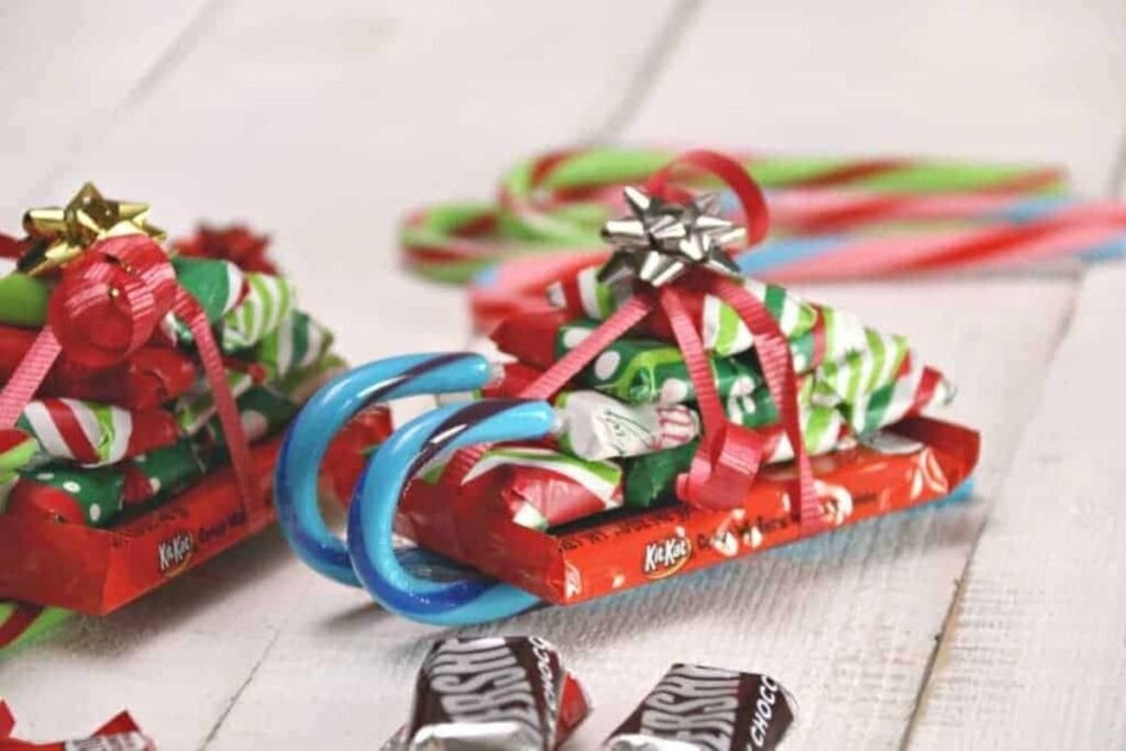 A close up shot of candy cane sleighs.