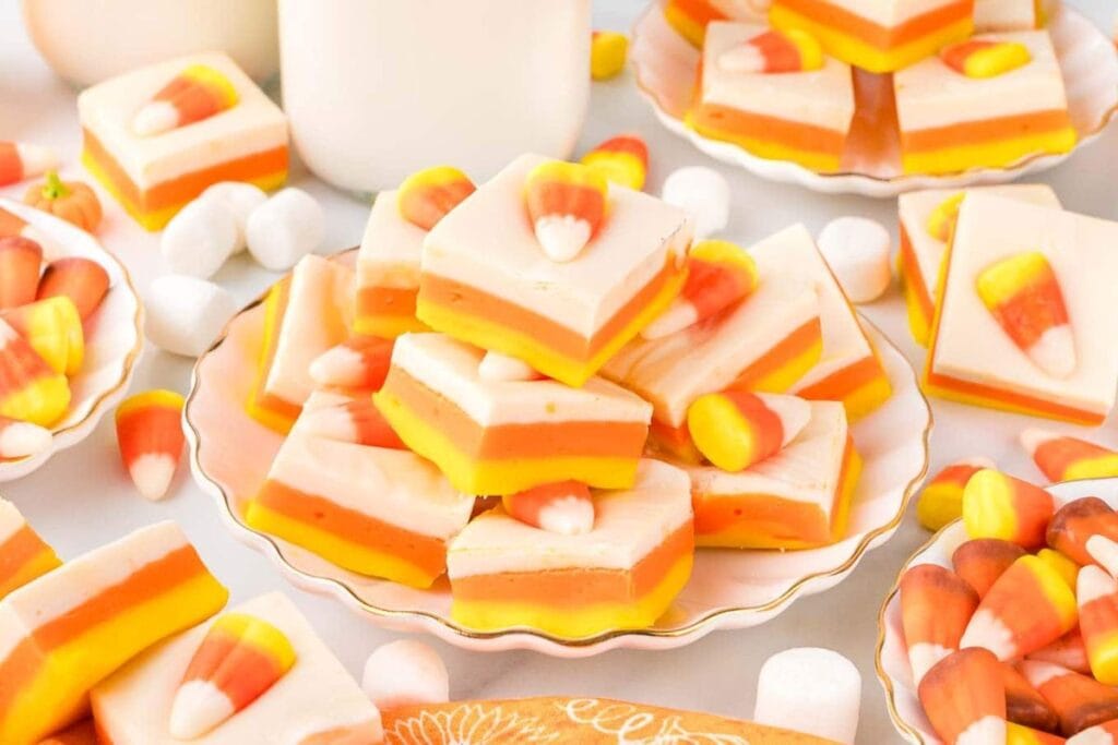 A close up shot of candy corn fudge.