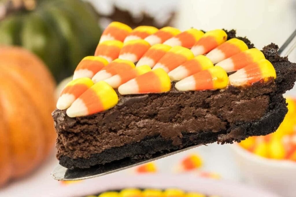 A slice of candy corn pie.