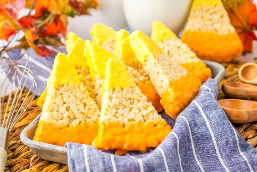 A close up shot of candy corn rice krispies.