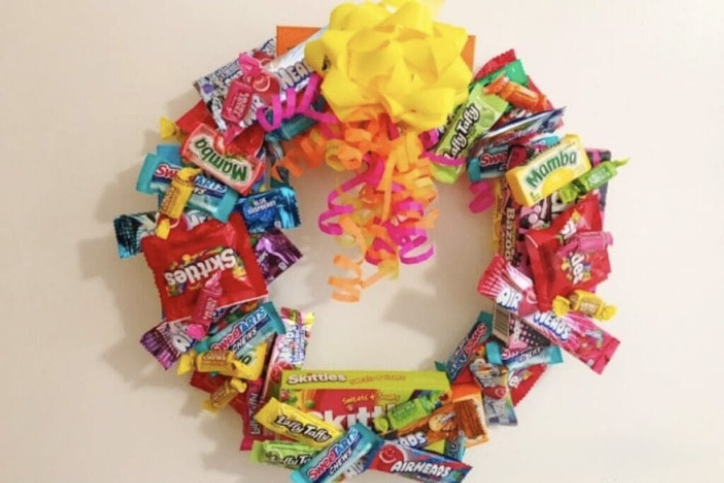 A close up shot of candy wreath.