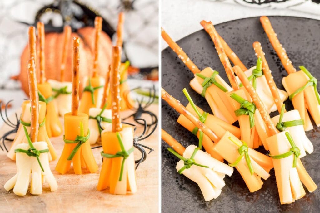 Cheese and pretzel broomsticks collage.
