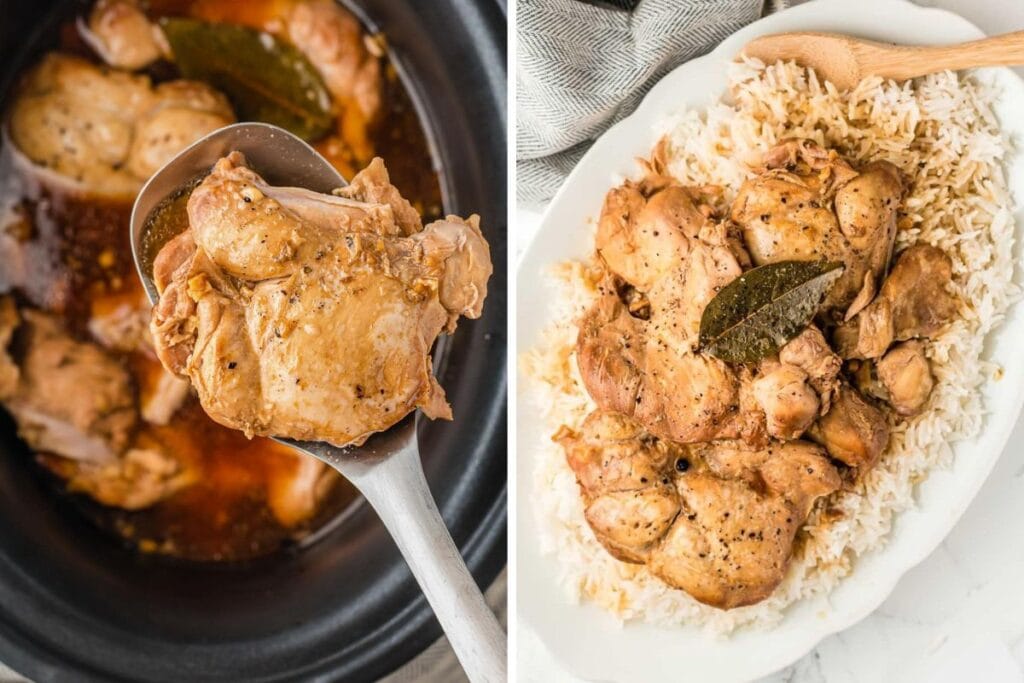 Two-shot image of chicken adobo in a slow cooker and over rice.
