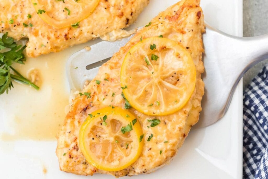 A close up shot of chicken francese.