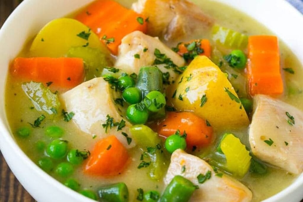 A close up shot of chicken stew.
