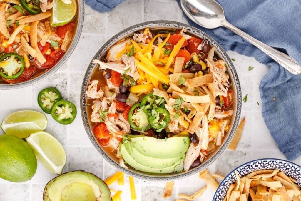 A close up shot of tortilla soup.