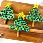 A close up shot of Christmas tree pretzels.