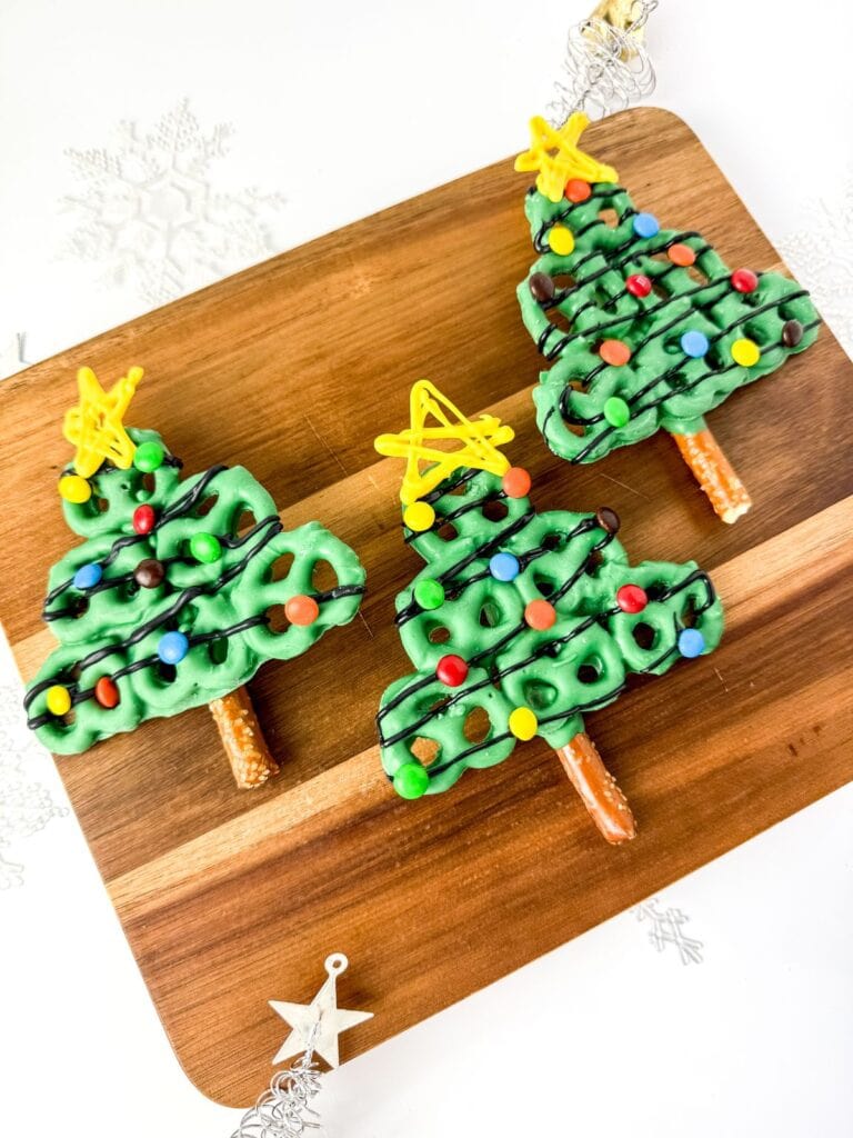 A close up shot of Christmas tree pretzels.