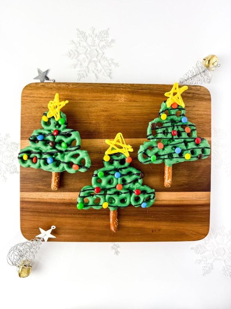 A close up shot of Christmas tree pretzels.