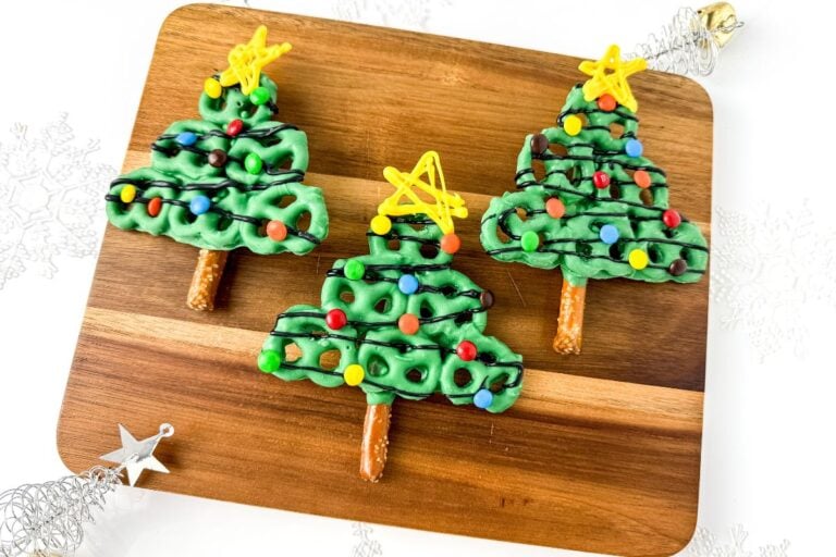 A close up shot of Christmas tree pretzels.