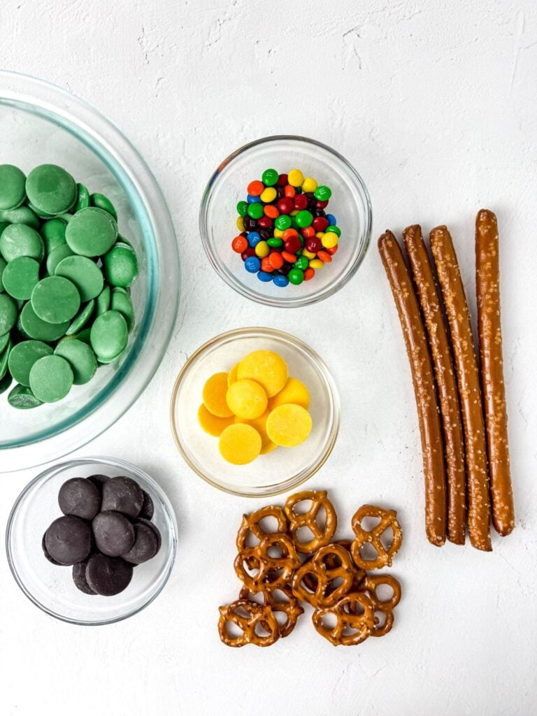 Ingredients for Christmas tree pretzels.