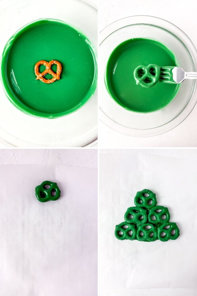 Process shots collage for Christmas tree pretzels.
