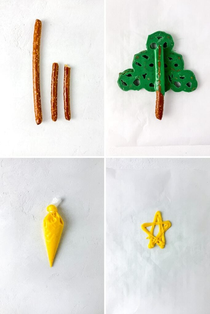 Process shots collage for Christmas tree pretzels.