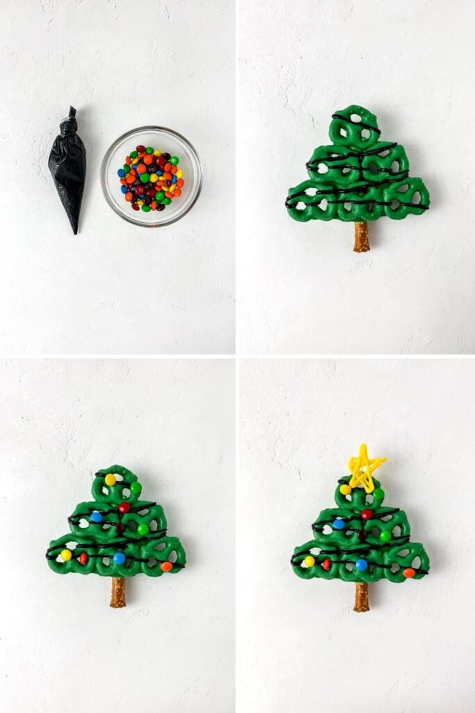 Process shots collage for Christmas tree pretzels.