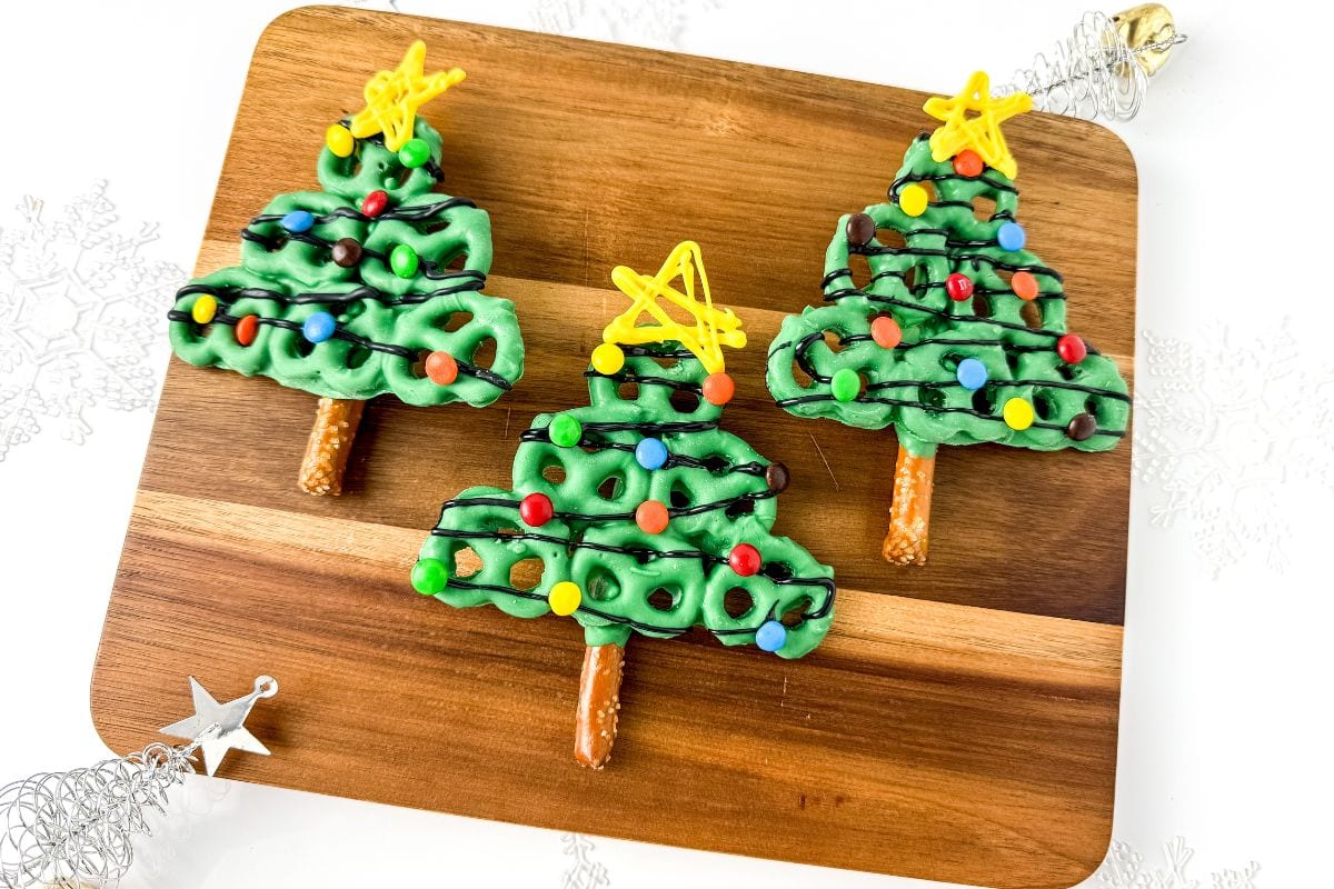 A close up shot of Christmas tree pretzels.