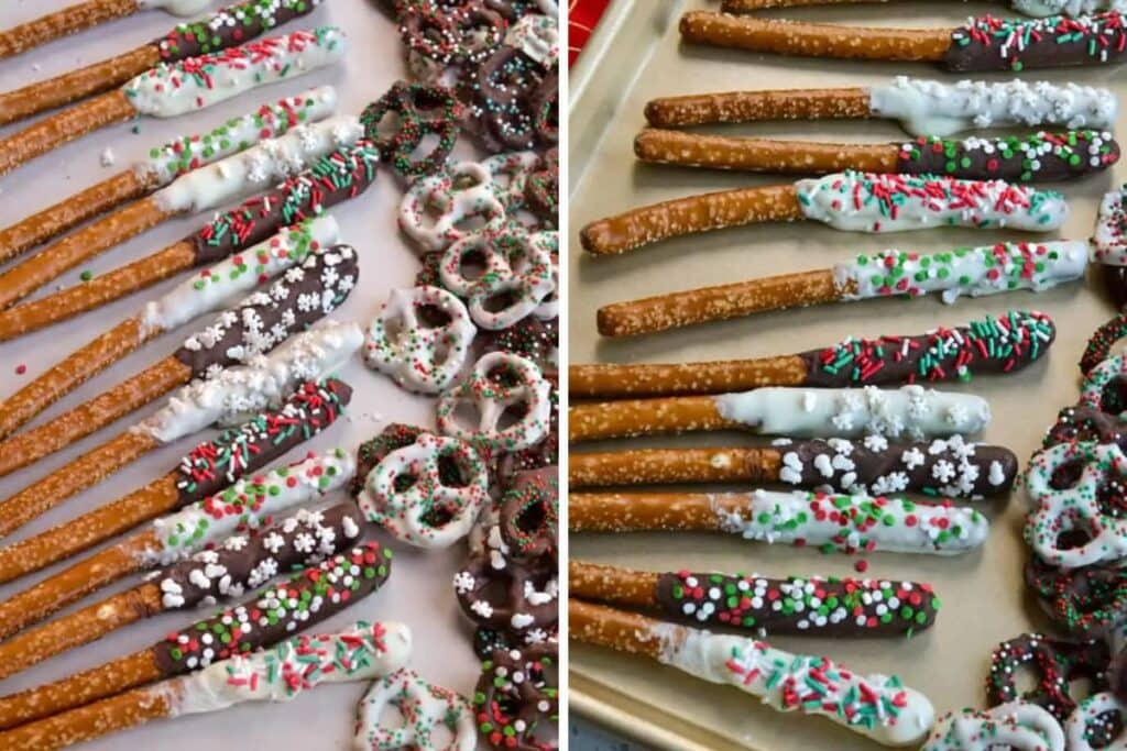 Two photos of chocolate-covered pretzel rods and mini pretzels with sprinkles.
