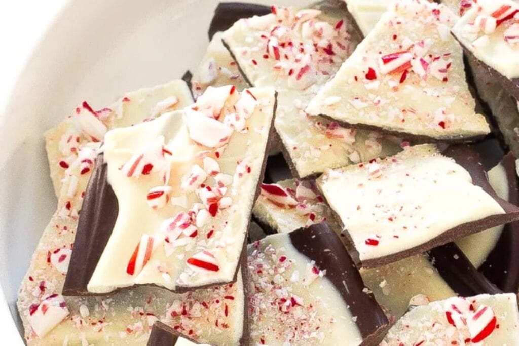 Close-up of chocolate peppermint bark pieces in a white bowl.