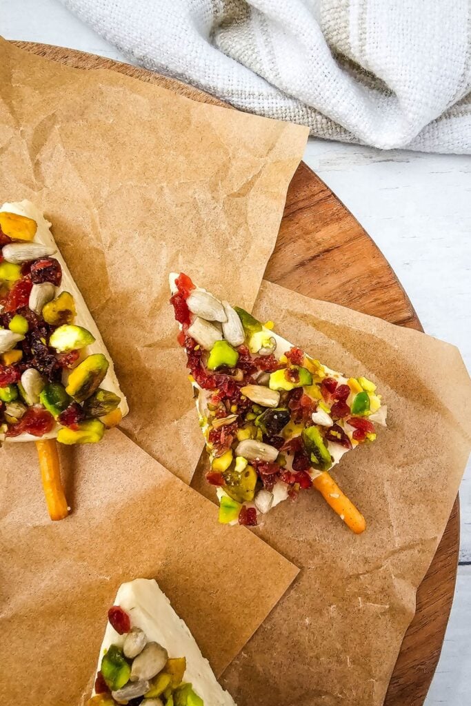 Close up shot of Christmas cheese trees.