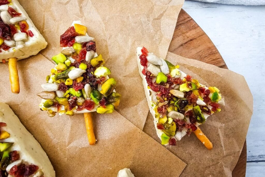 Close up shot of Christmas cheese trees.