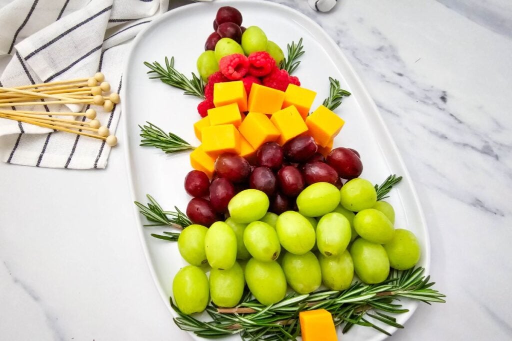 A close up shot of Christmas fruit platter.