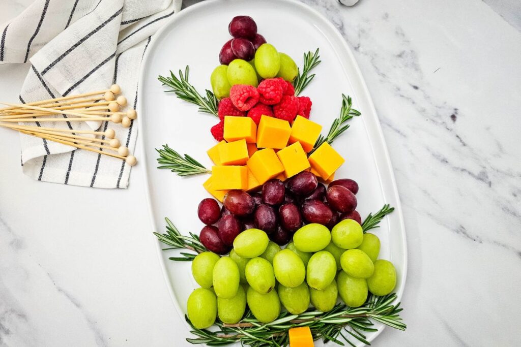 A close up shot of Christmas fruit platter.
