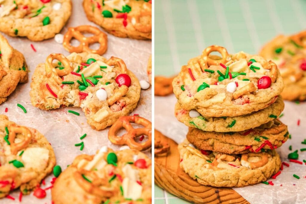 Split image: Christmas kitchen sink cookies with pretzels and sprinkles, one with a bite taken out; a stack of cookies.